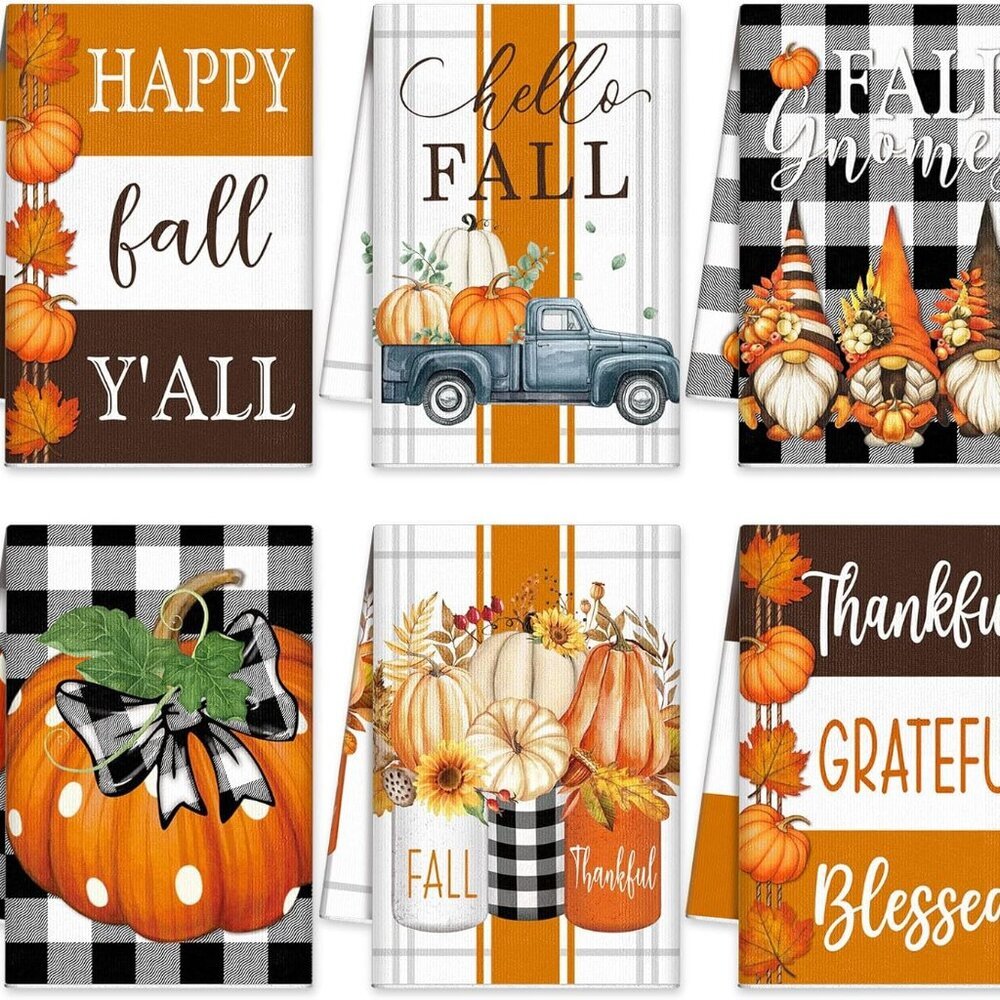 6-Piece Fall Thanksgiving Kitchen & Bath Towels - Pumpkin Buffalo Plaid 21.26 x